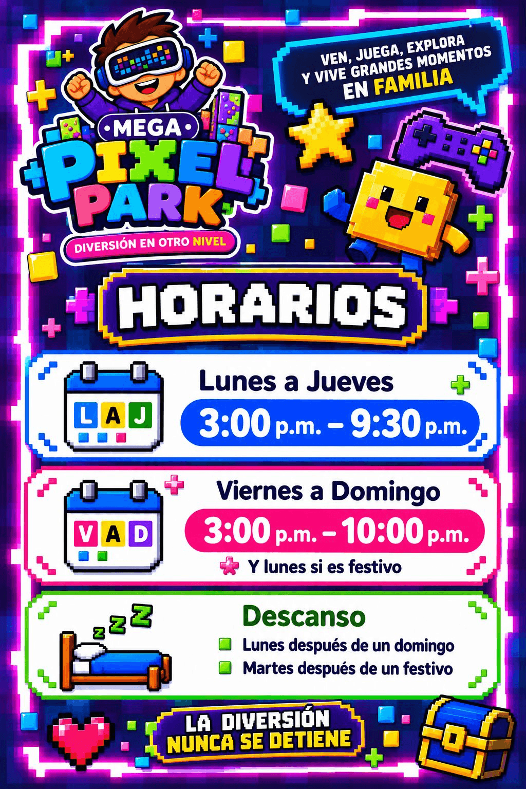 Horarios de Megapixel Park: lunes a jueves de 3:00 p.m. a 9:30 p.m., viernes a domingo de 3:00 p.m. a 10:00 p.m., y lunes festivos. Descansa el lunes despues de un domingo y el martes despues de un festivo.