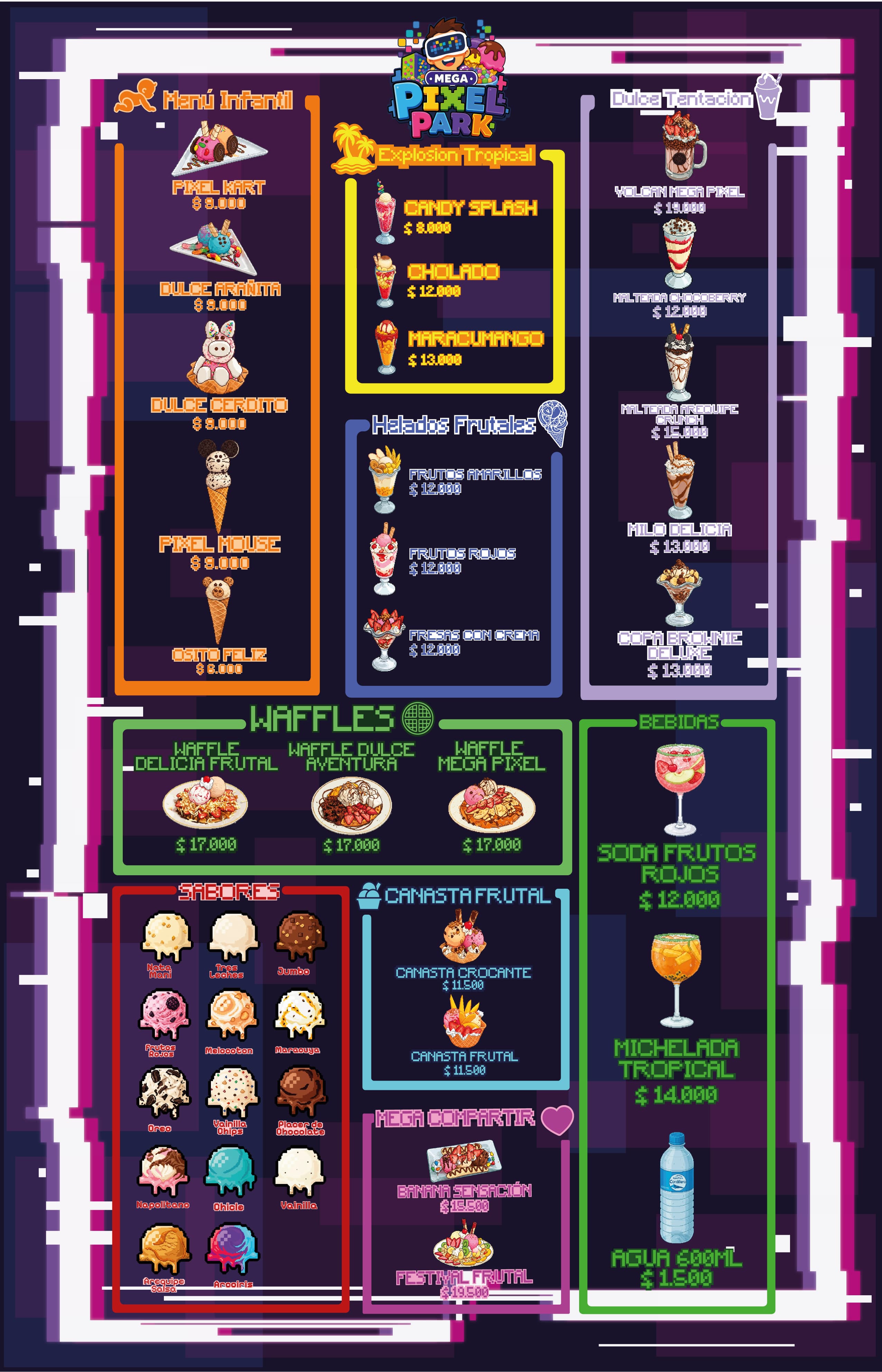 Menú de Mega Helados: menú infantil, explosión tropical, helados frutales, dulce tentación, waffles, canasta frutal, mega compartir, bebidas y catorce sabores de helado.