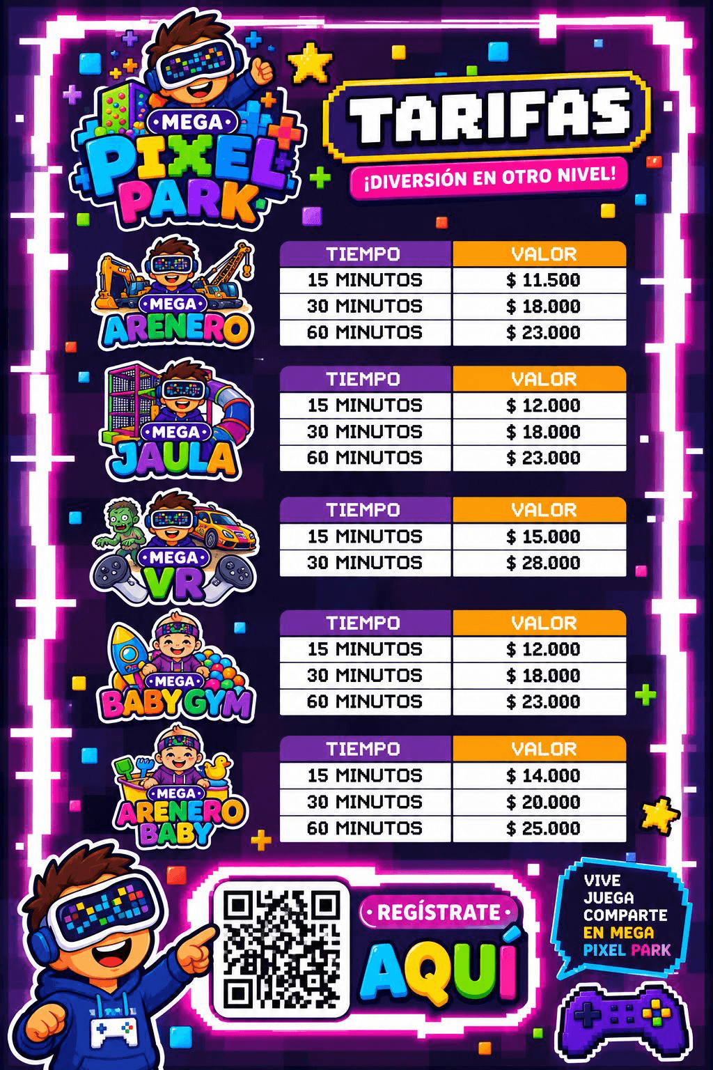Tarifas por zona y tiempo: Mega Arenero desde $11.500 los 15 minutos, Mega Jaula desde $12.000, Mega VR desde $15.000, Mega Baby Gym desde $12.000 y Mega Arenero Baby desde $14.000.